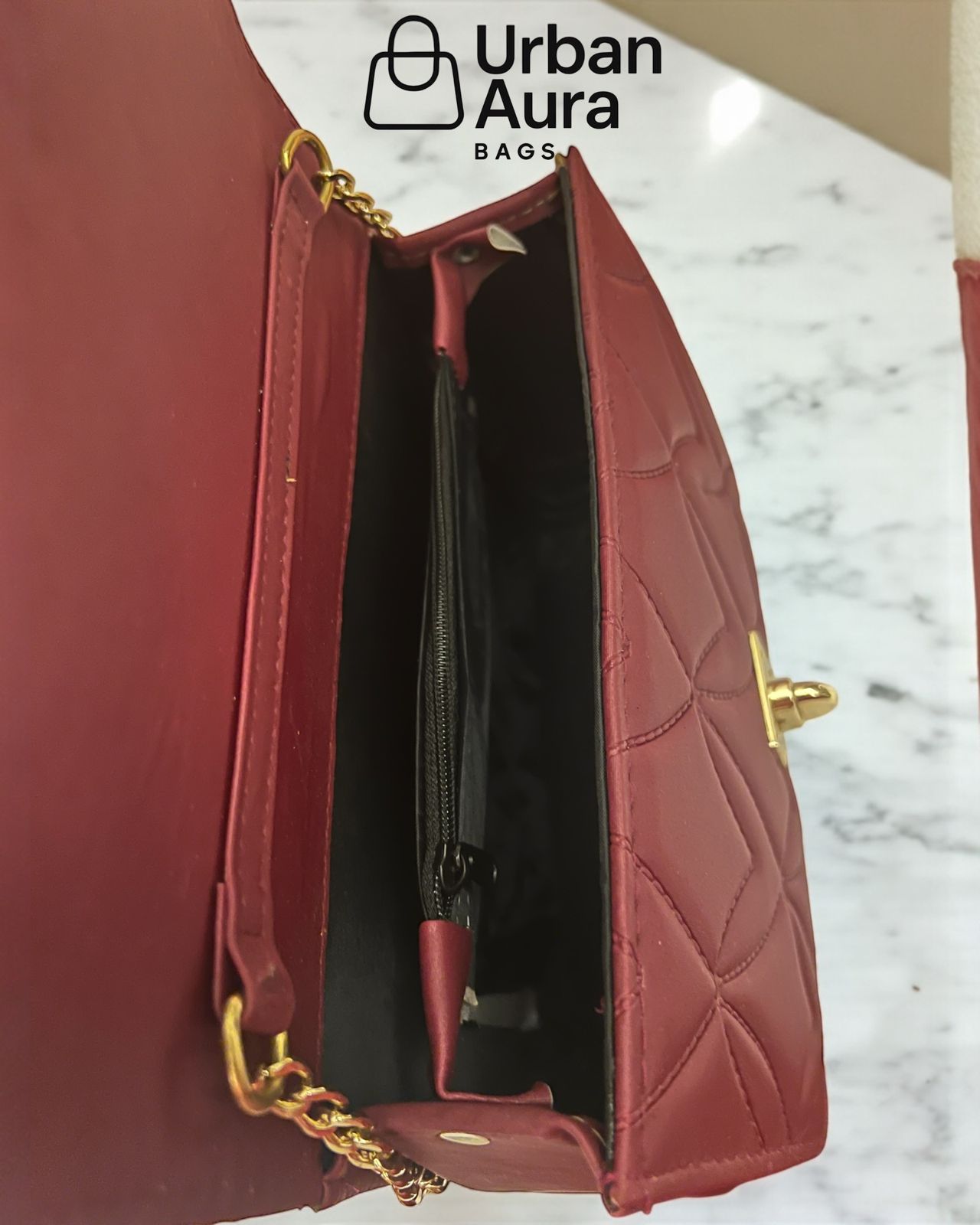 Maroon Quilted Shoulder Bag with Gold Turn-Lock