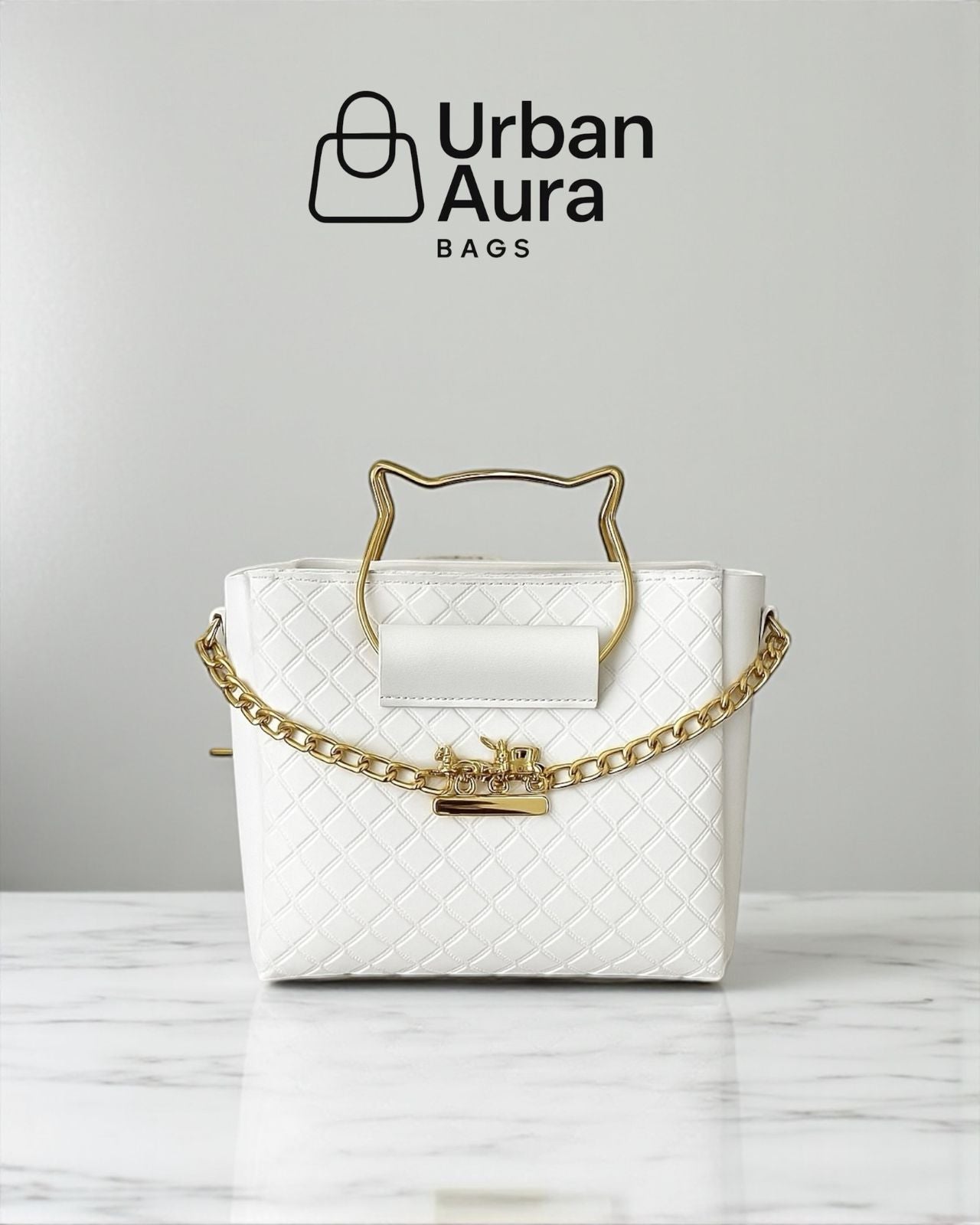 White Quilted Crossbody Bag with Cat Handle & Gold Chain