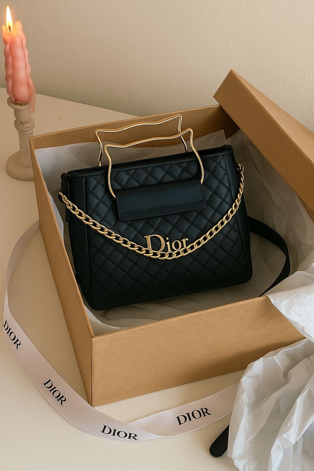 Navy Blue Quilted Handbag – Dior-Inspired with Chain Detail