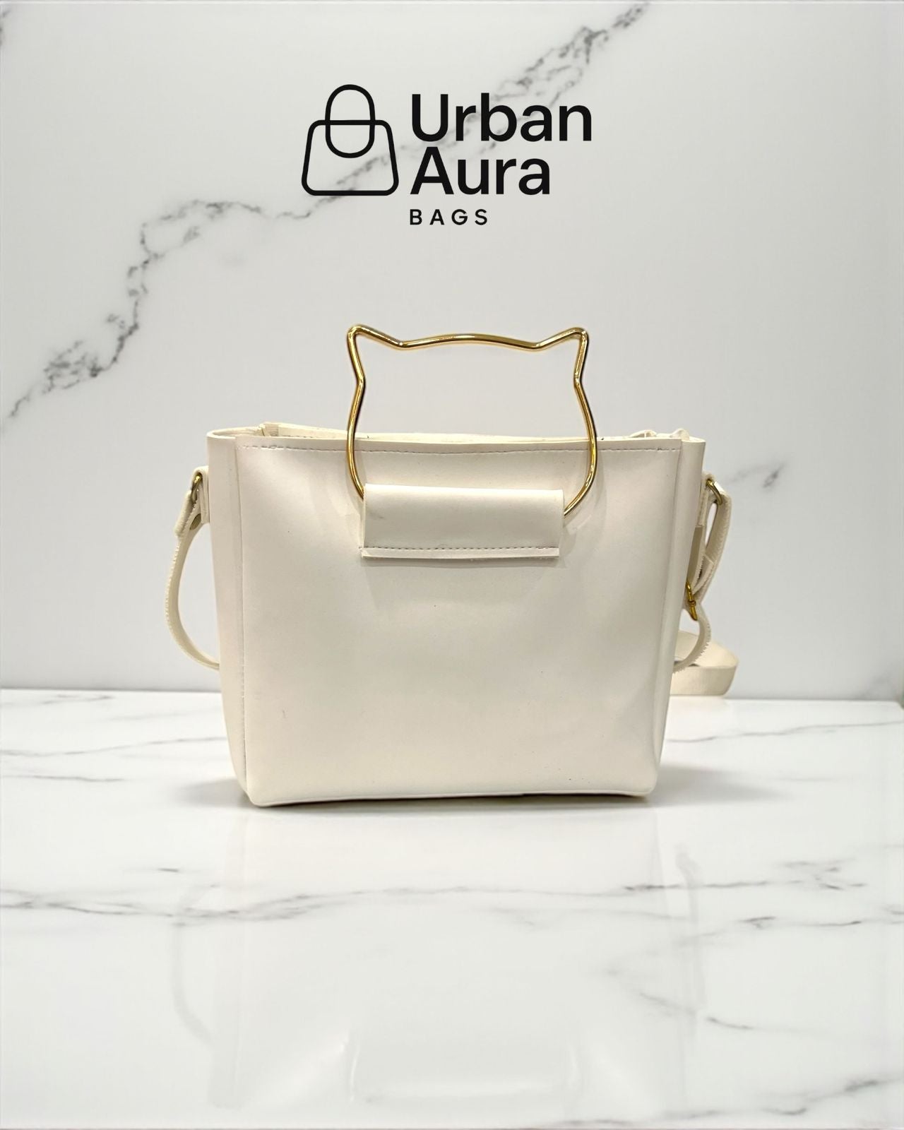 White Quilted Crossbody Bag with Cat Handle & Gold Chain