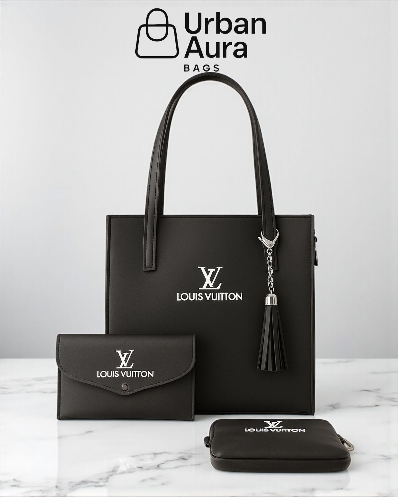 Luxury-Inspired 3-Piece Black Tote Bag Set