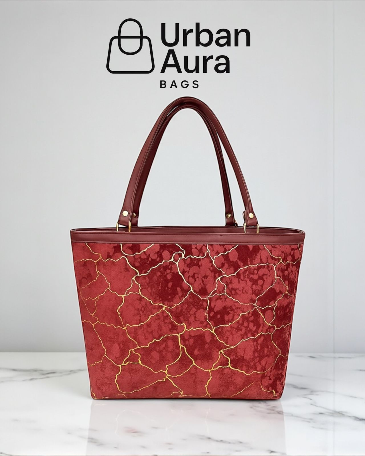 Velvet Tote Bag with Gold Pattern & Mini Pouch