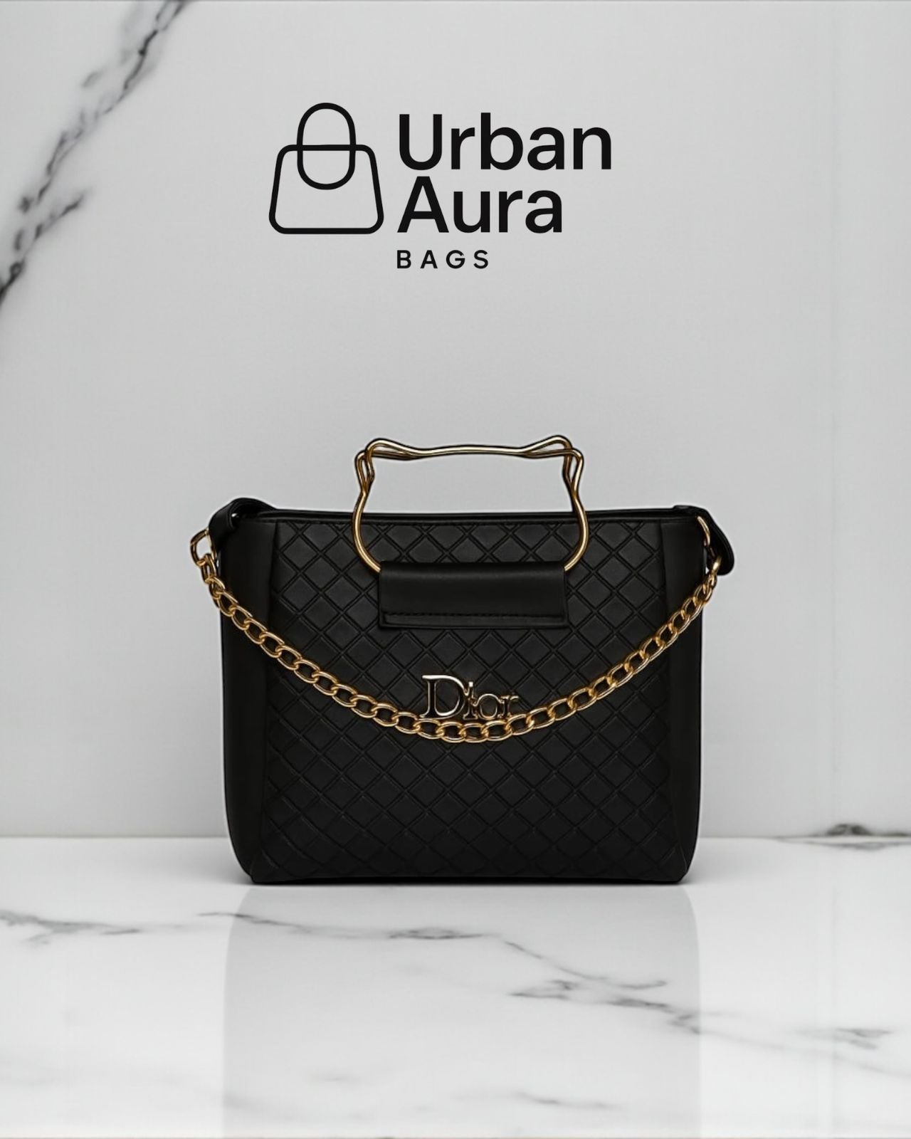Navy Blue Quilted Handbag – Dior-Inspired with Chain Detail