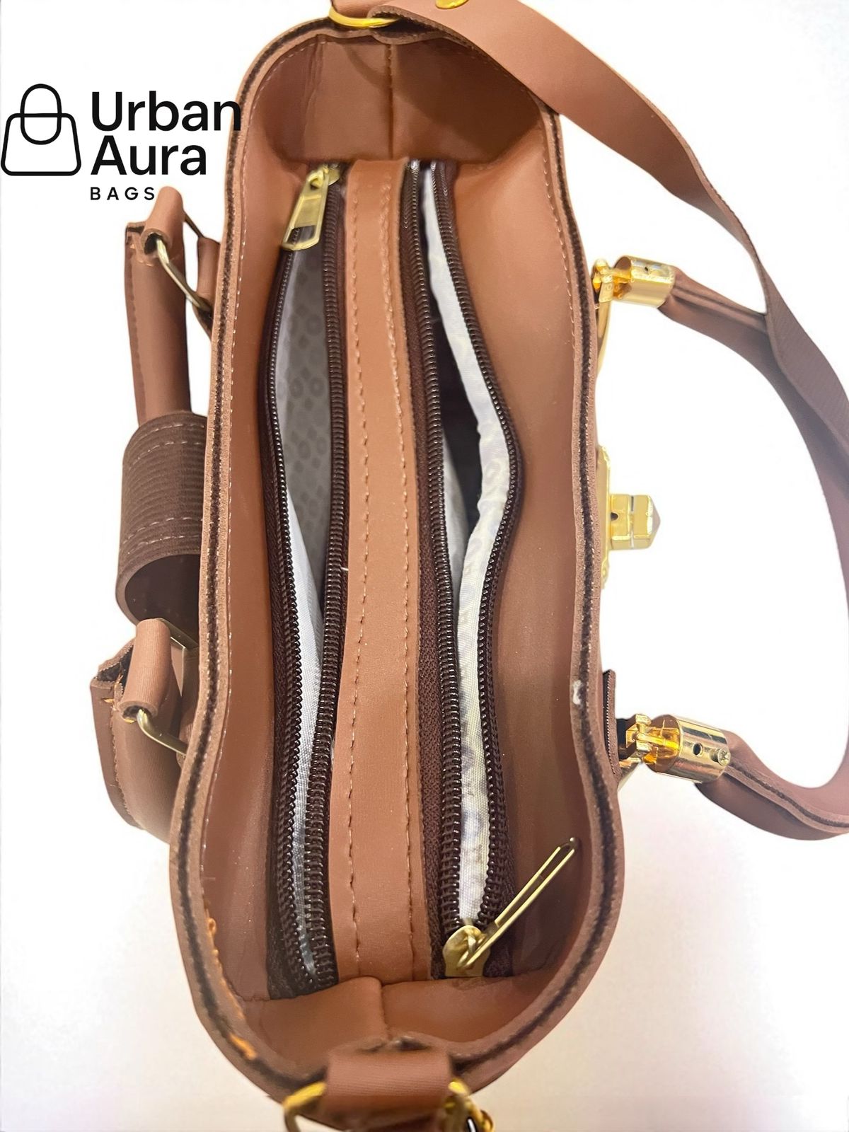 Brown Faux Leather Shoulder Bag with Gold Accents